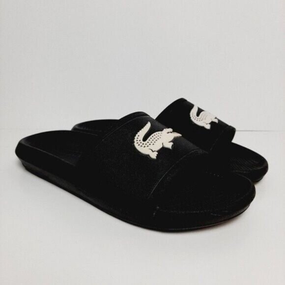 LACOSTE Croco Slide Sandals Lage Logo Black B&W Sz 6 - Picture 11 of 11